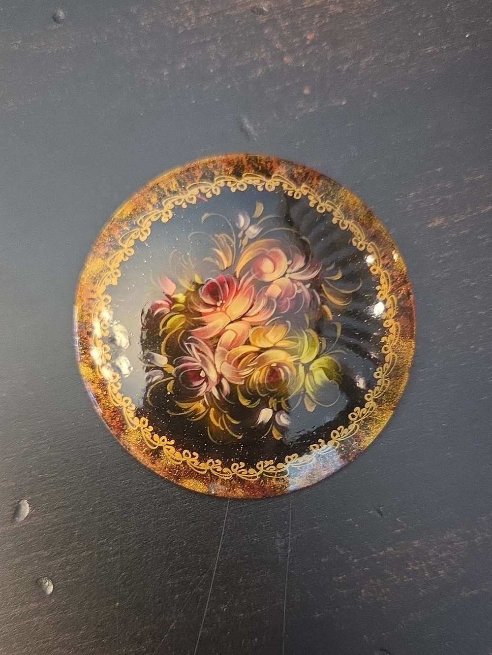 Vtg Floral Hand-Painted Round Brooch in Black with Pink & Gold Accents